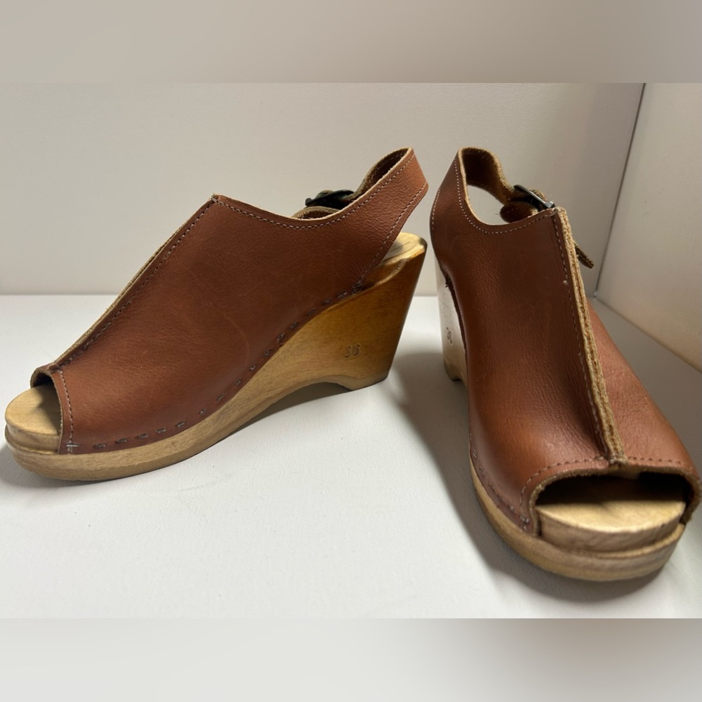 No.6 Brown Leather Peeptoe Wedge Clogs- Size 36